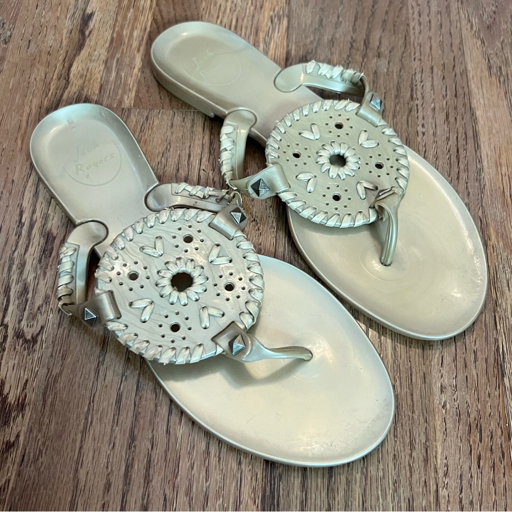 Jack Rogers Ivory Braided Leather Medallion Thong Sandals